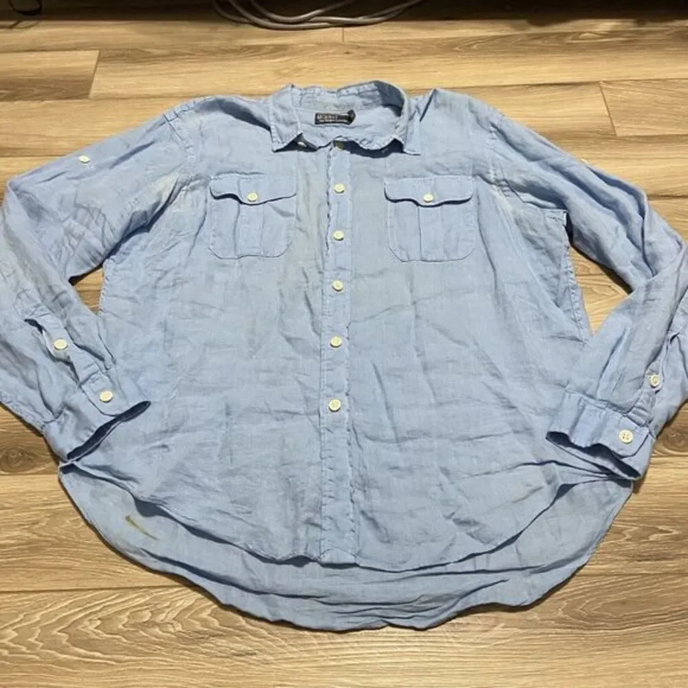 Vintage Polo Ralph Lauren Shirt Mens XL Blue 100% Linen Button‎ Up Pockets Flaws
